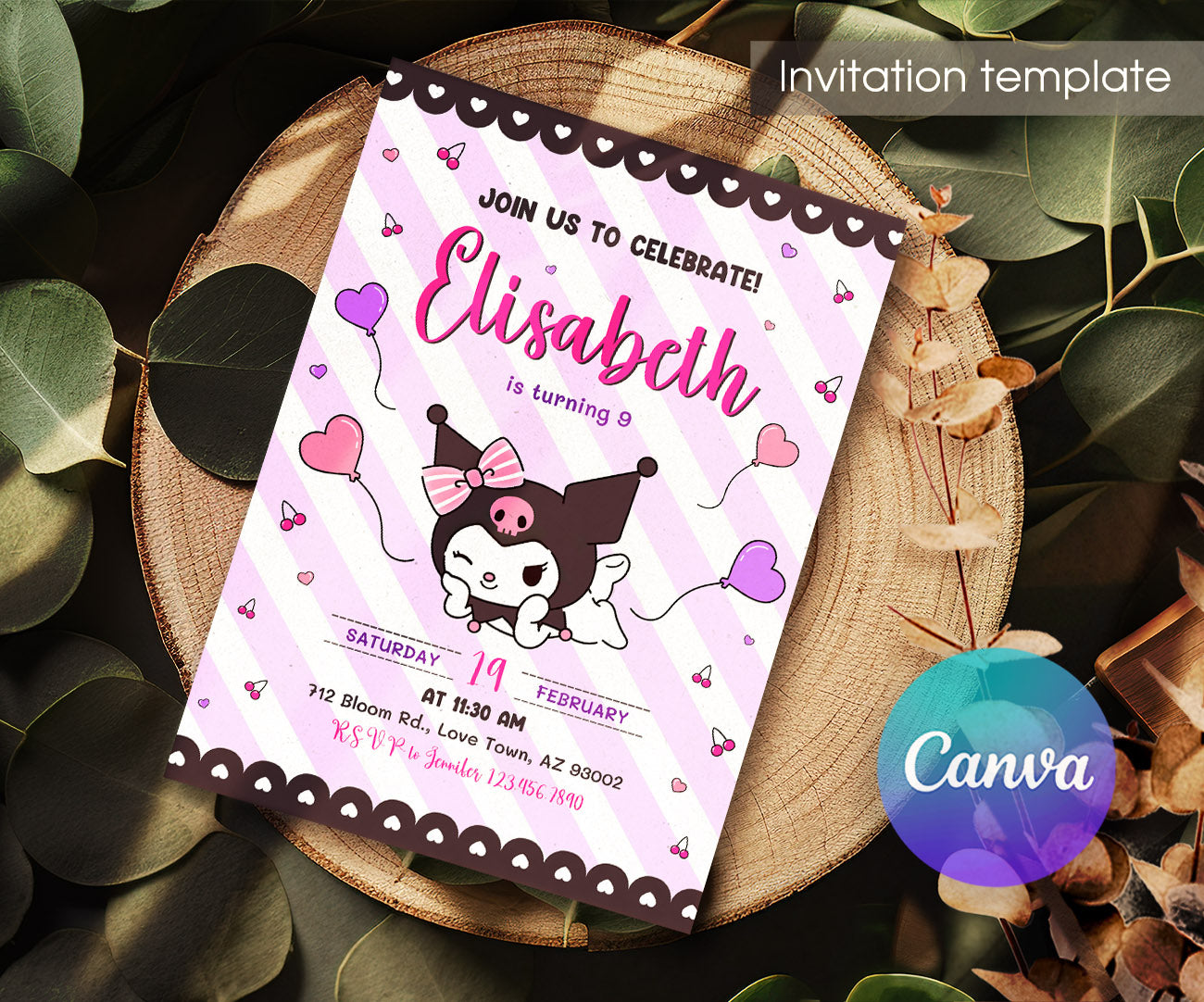 Kuromi Hello Kitty Sanrio customizable invitation template | Share or Print | QB011