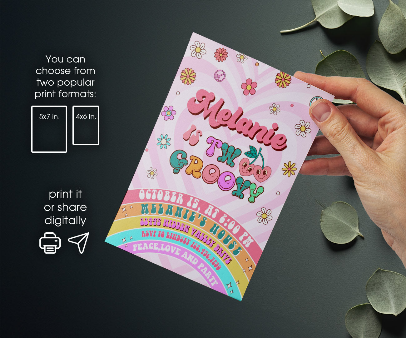 Groovy Second Birthday customizable invitation template | Share or Print | UH274
