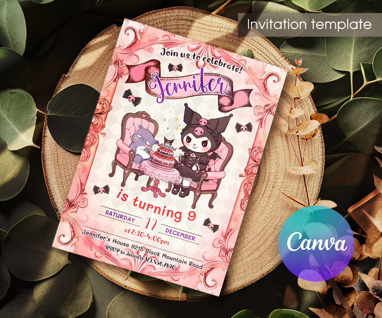 Kuromi Hello Kitty Sanrio customizable invitation template | Share or Print | YX400