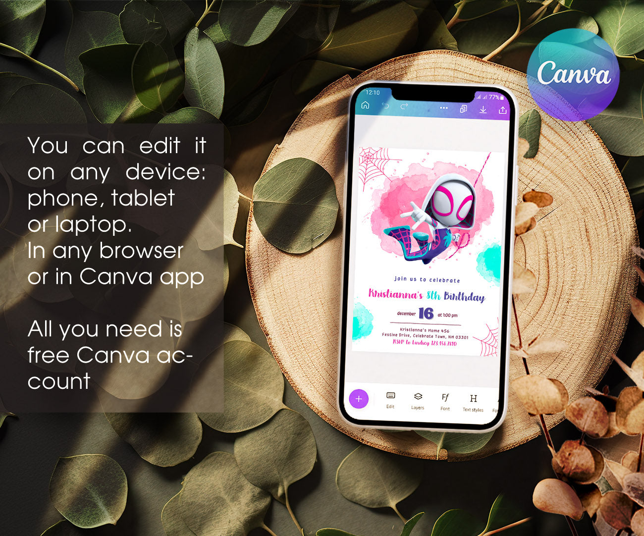 Spider Gwen Ghost Spidey customizable invitation template | Share or Print | girl | ON230