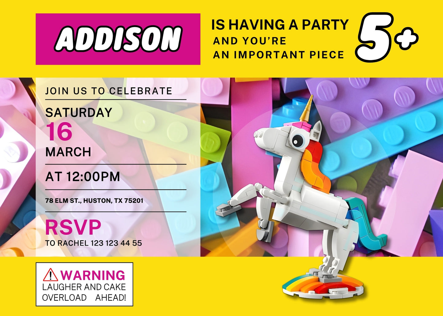 Lego Magical Unicorn customizable invitation template | Share or Print | girl | HF536