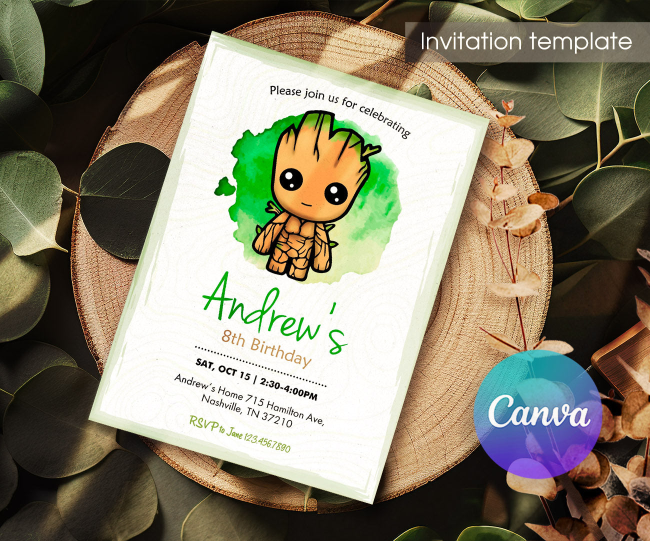 Groot Guardians of the Galaxy Superhero customizable invitation template | Share or Print | VN125