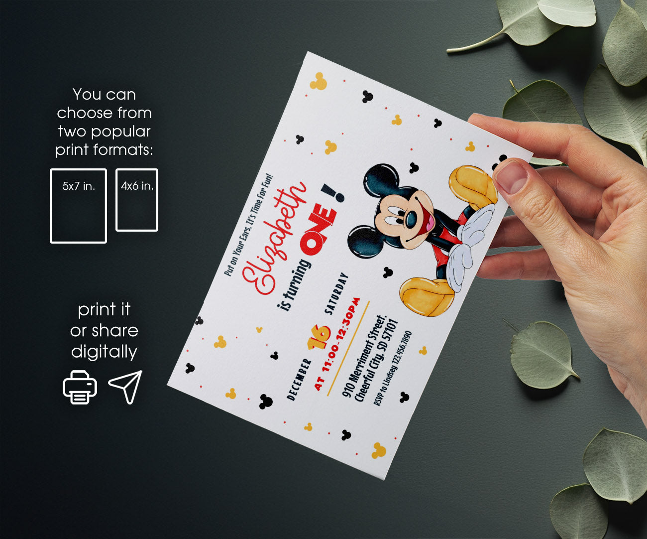 Mickey Mouse 1st Birthday customizable invitation template | Share or Print | WF536