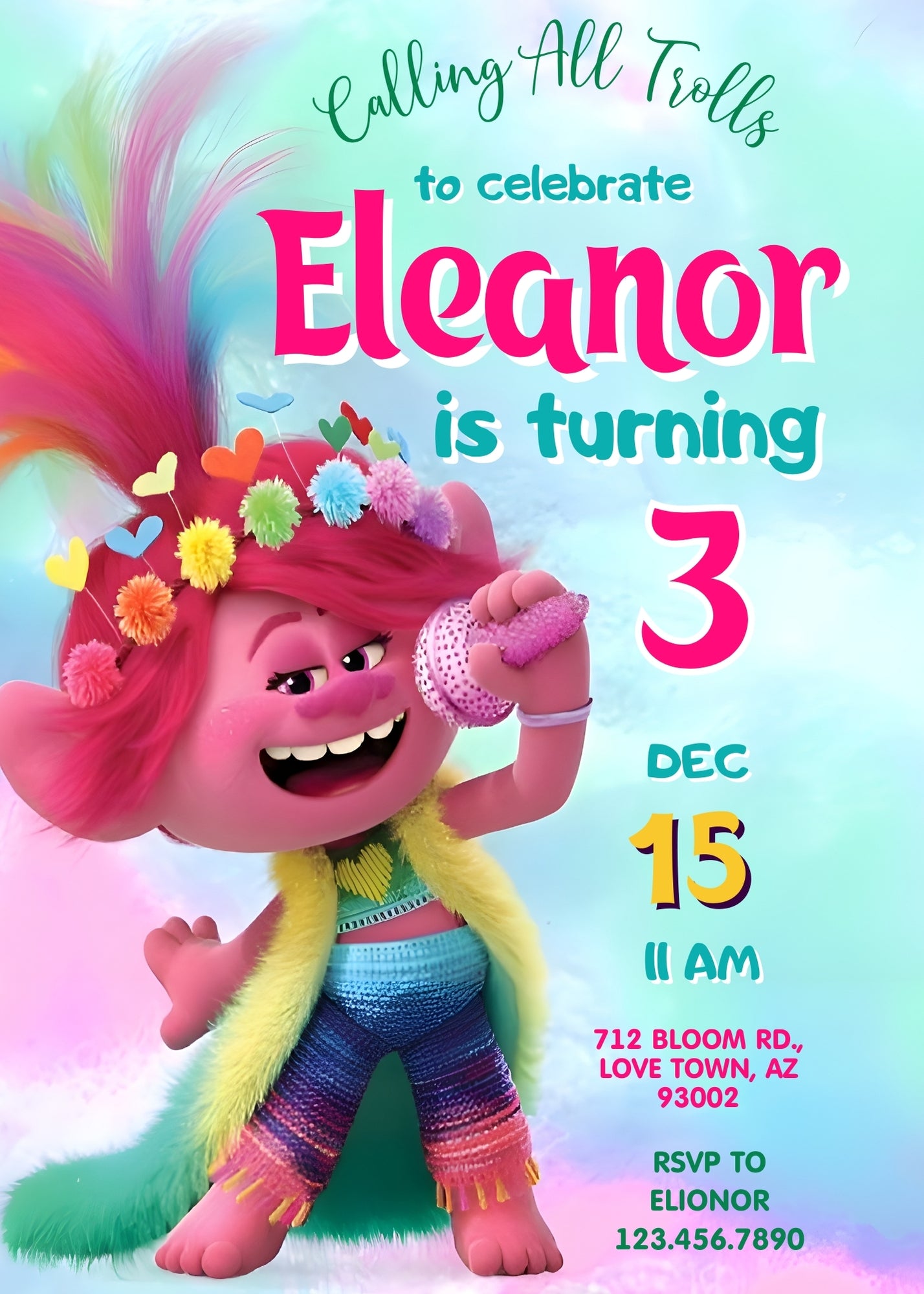 Trolls Poppy customizable invitation template | Share or Print | DY788