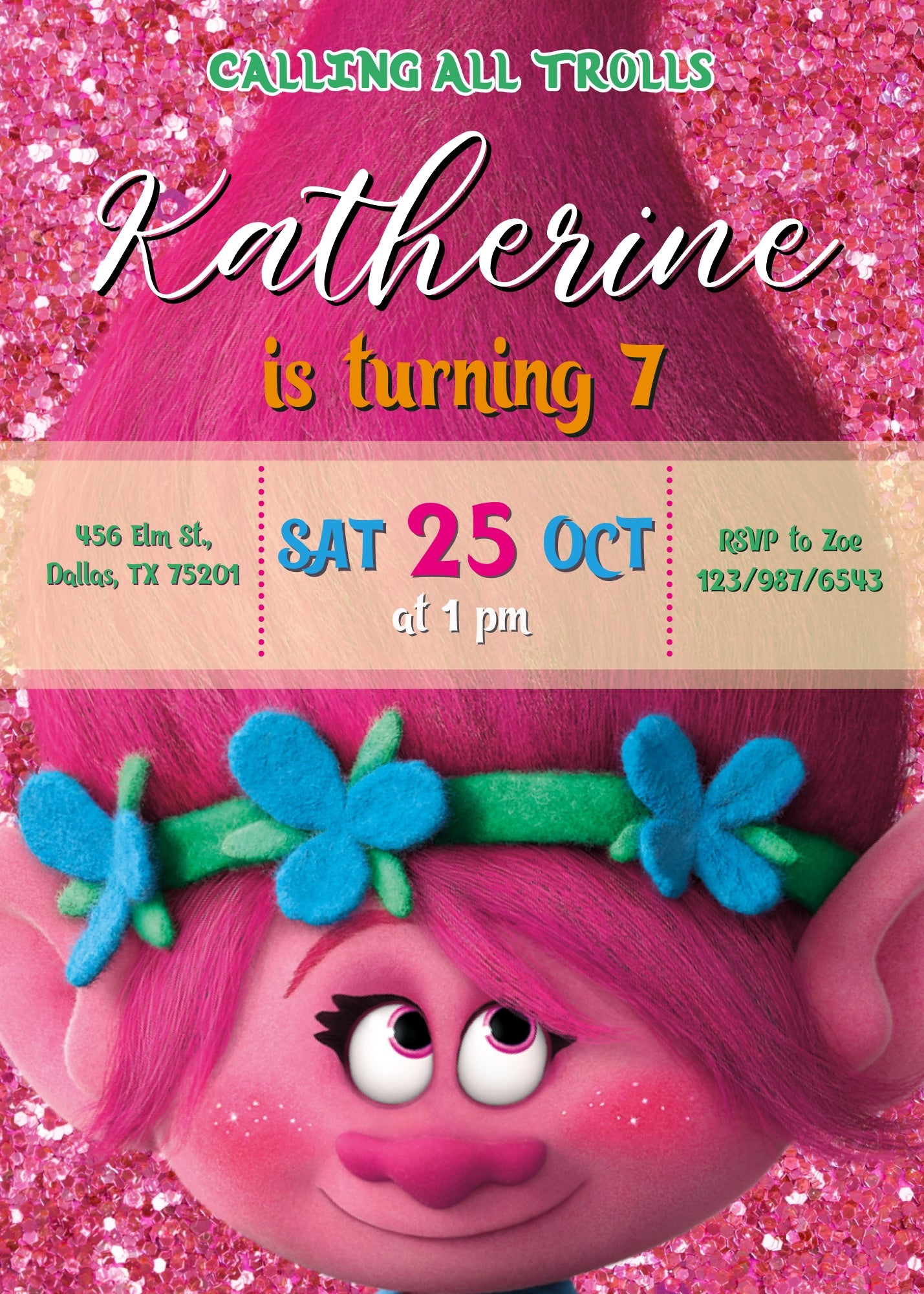 Trolls Poppy customizable invitation template | Share or Print | IH814