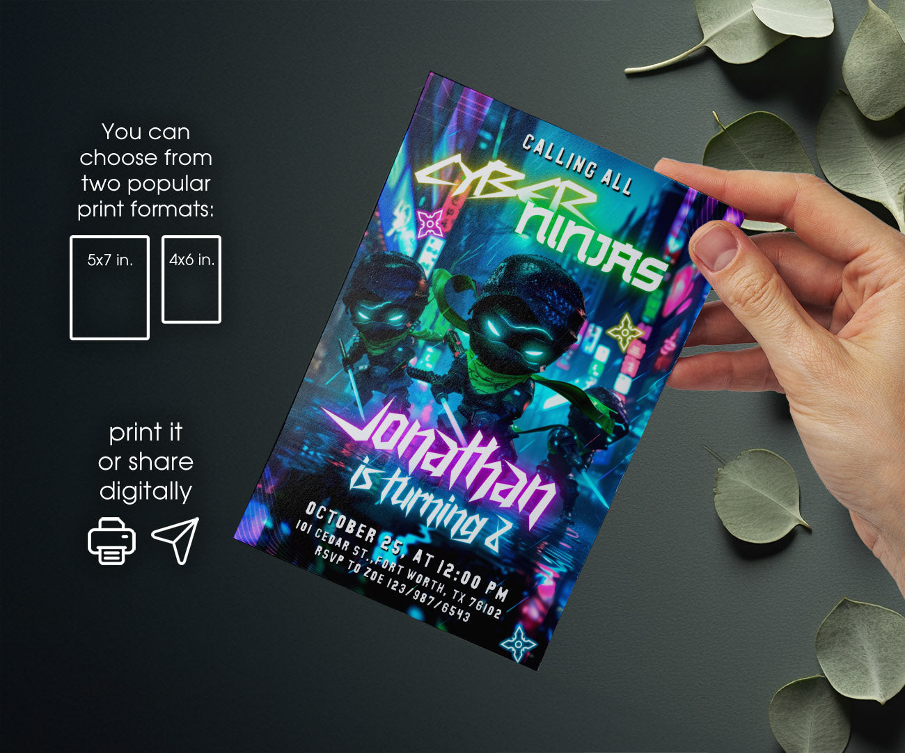 Neon Ninja customizable invitation template | Share or Print | PN049