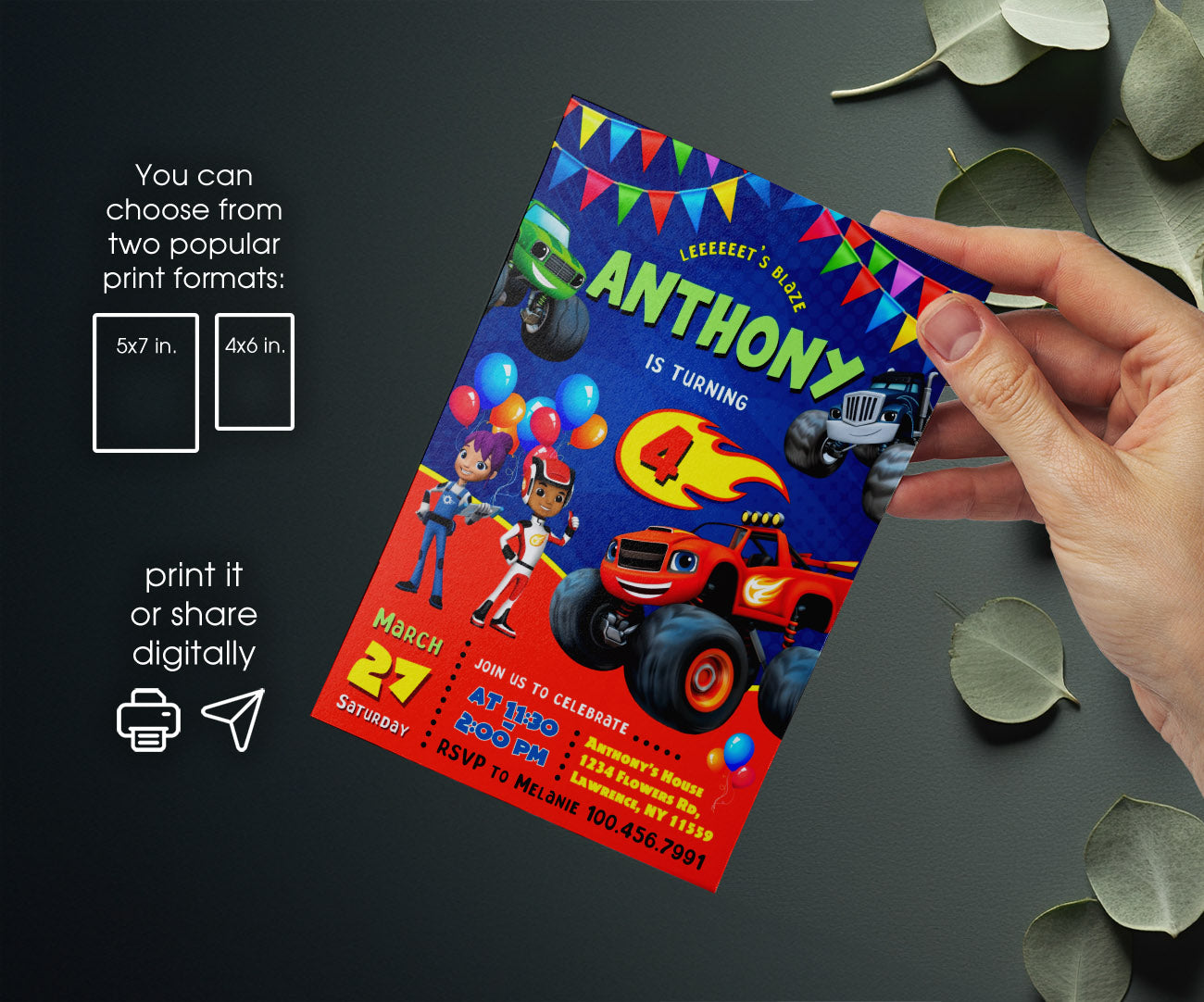 Blaze Monster Machines Trucks customizable invitation template | Share or Print | boy | AU914