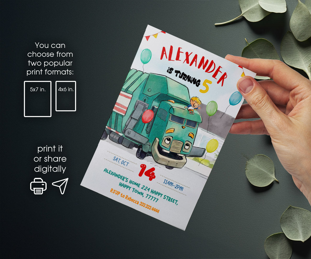 Trash Green Truck customizable invitation template | Share or Print | WU073