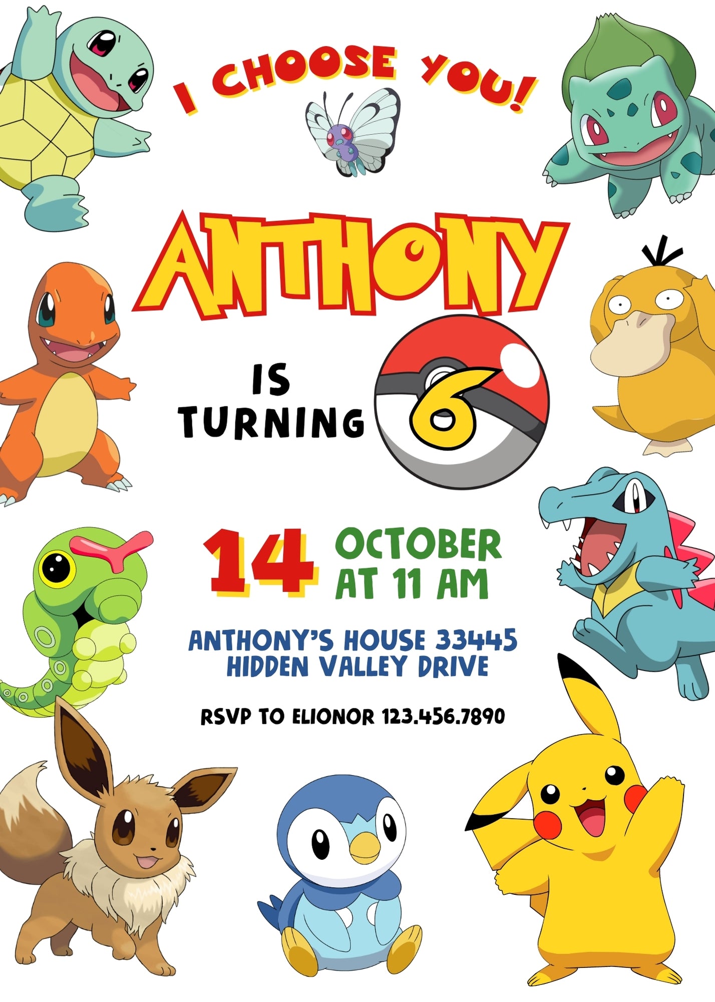 Pokemon Pikachu customizable invitation template | Share or Print | VH065