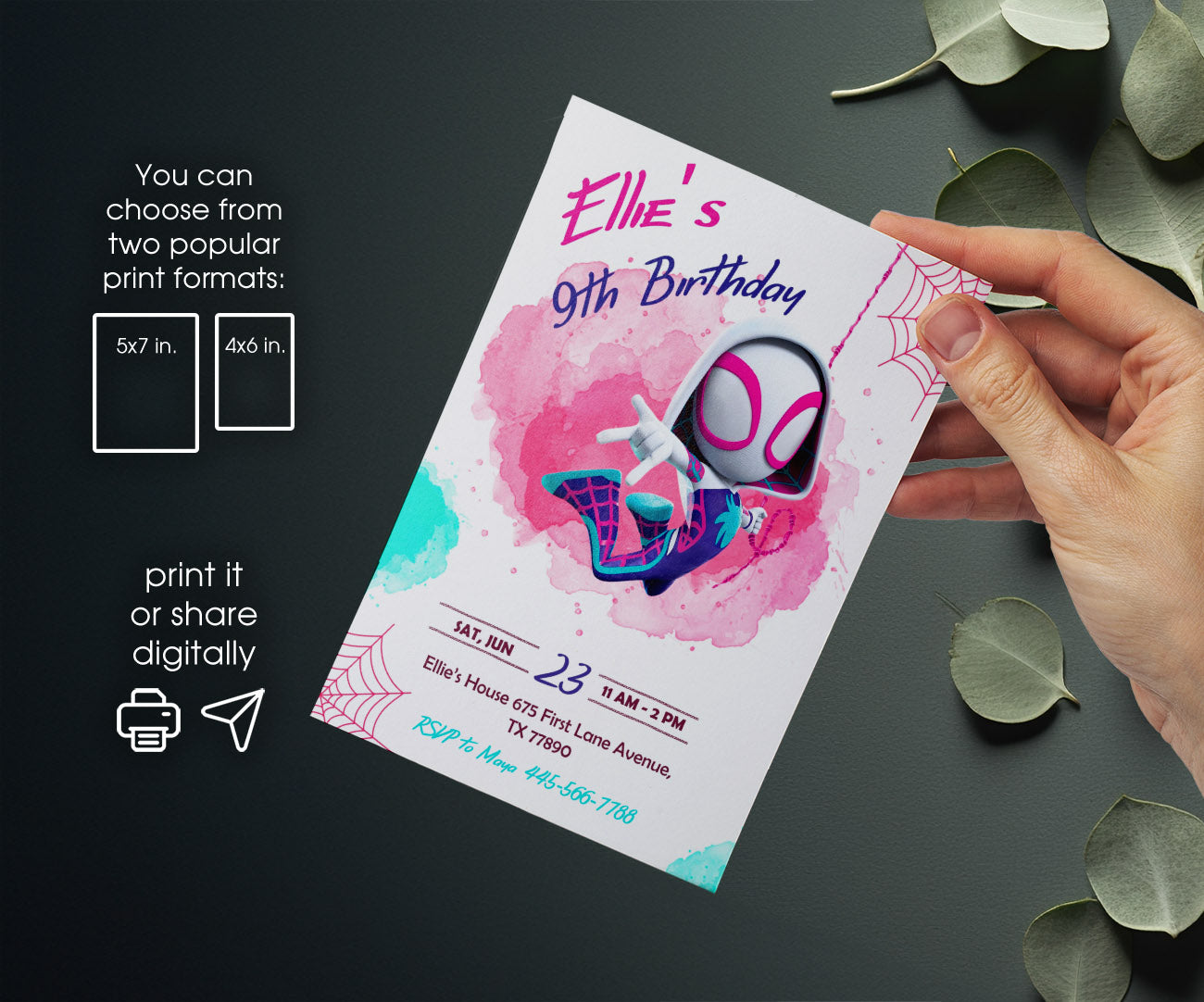 Spider Gwen Ghost Spidey customizable invitation template | Share or Print | girl | XH103