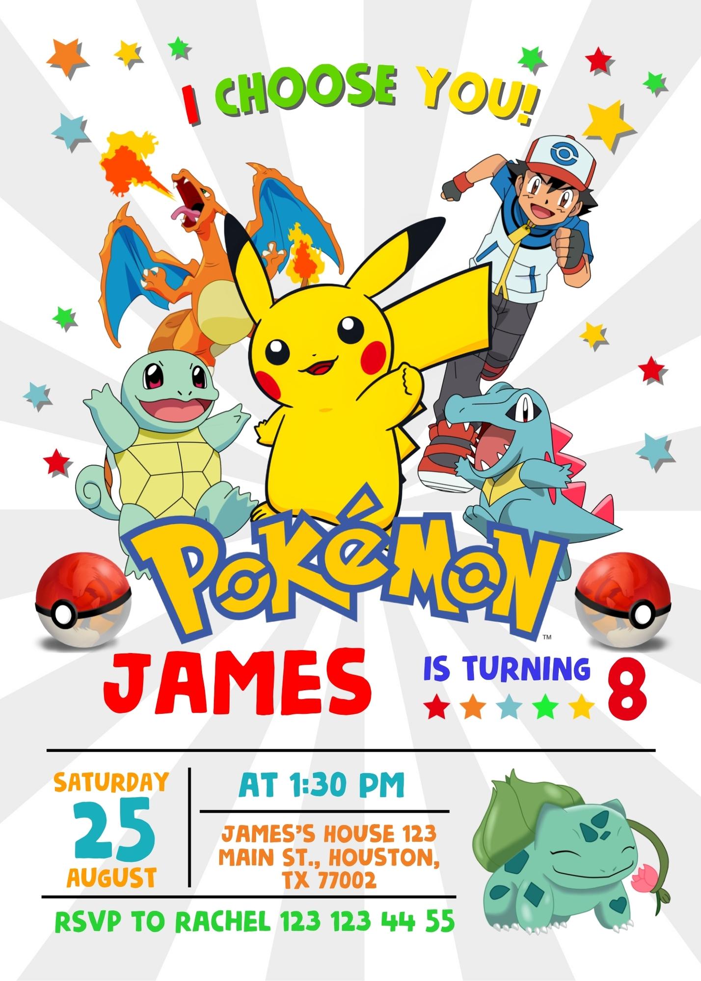 Pokemon Pikachu customizable invitation template | Share or Print | YG647