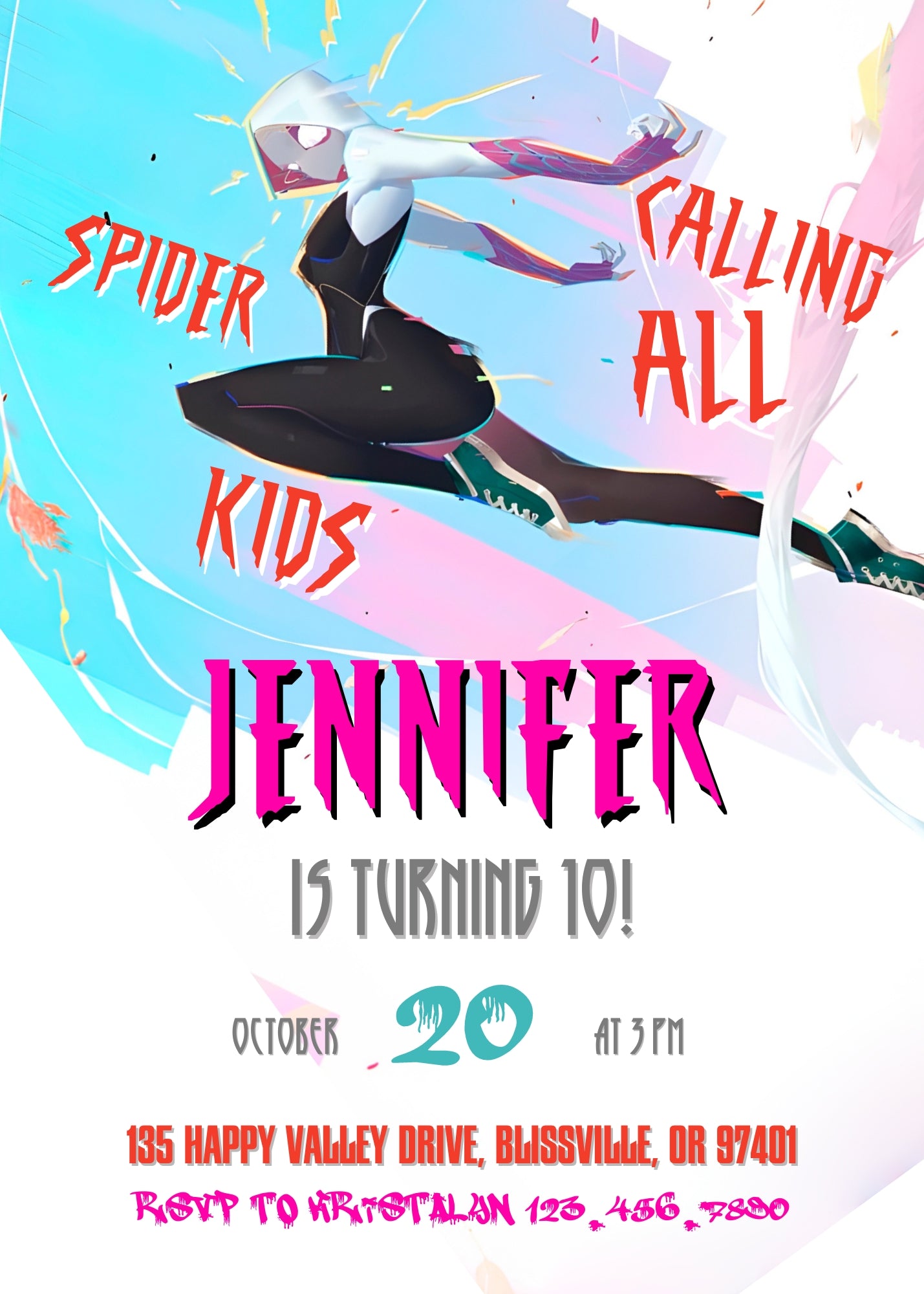 Spider Gwen Ghost Spidey customizable invitation template | Share or Print | girl | UK603
