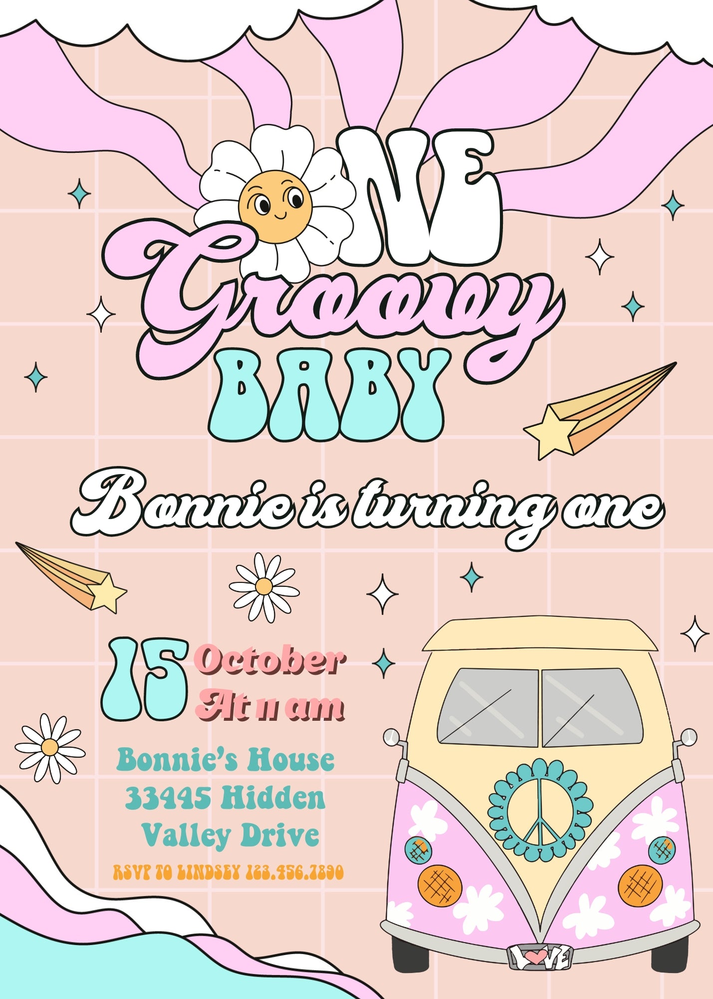 Groovy 1st Bday Hippie Van customizable invitation template | Share or Print | NY945