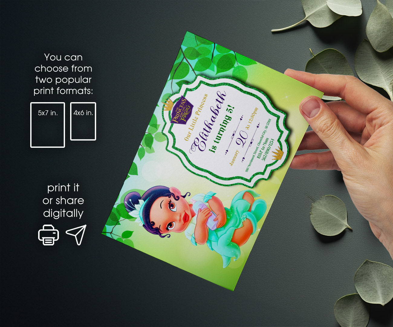 Tiana Frog Princess customizable invitation template | Share or Print | girl | UX804
