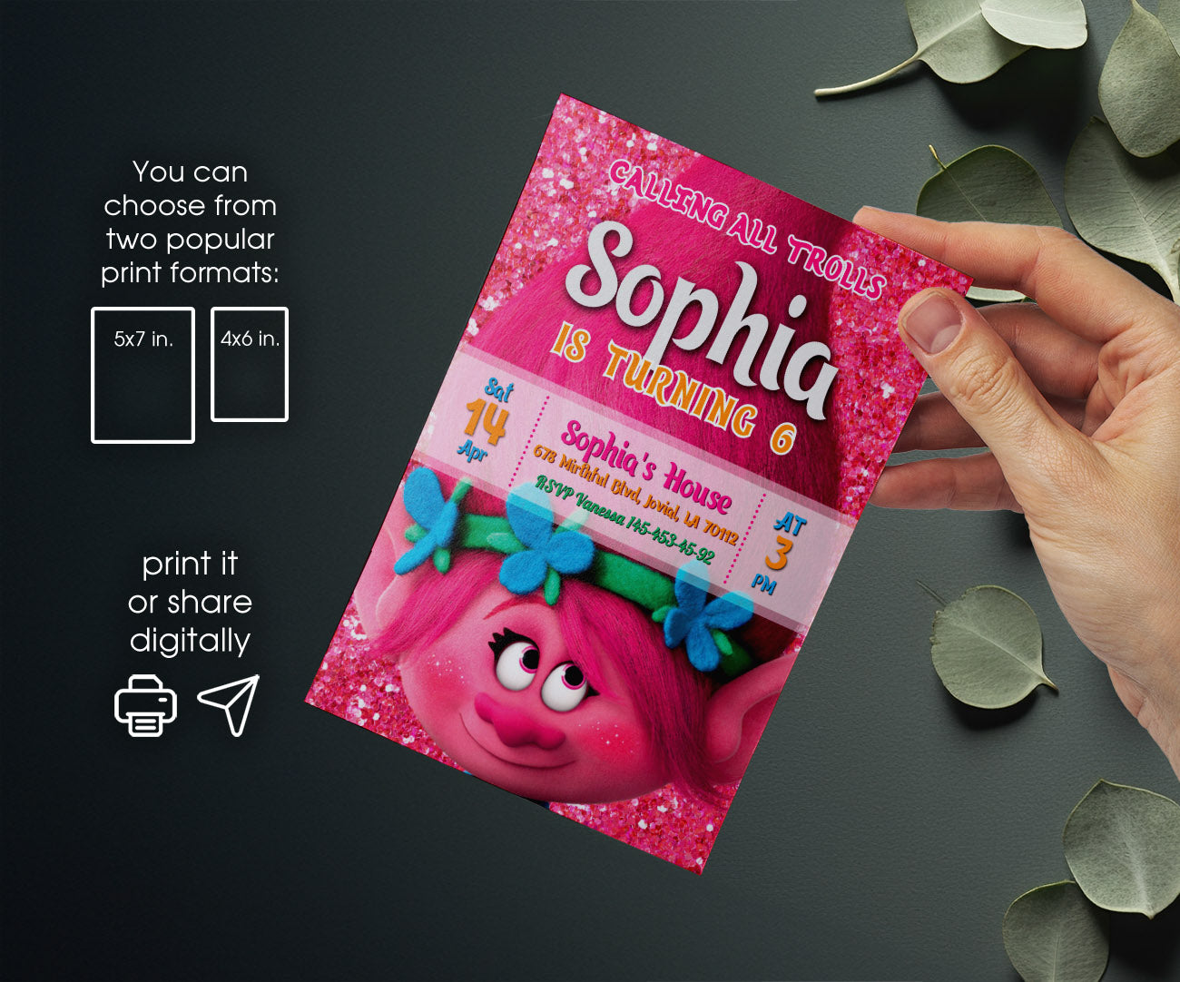 Trolls Poppy customizable invitation template | Share or Print | KU449