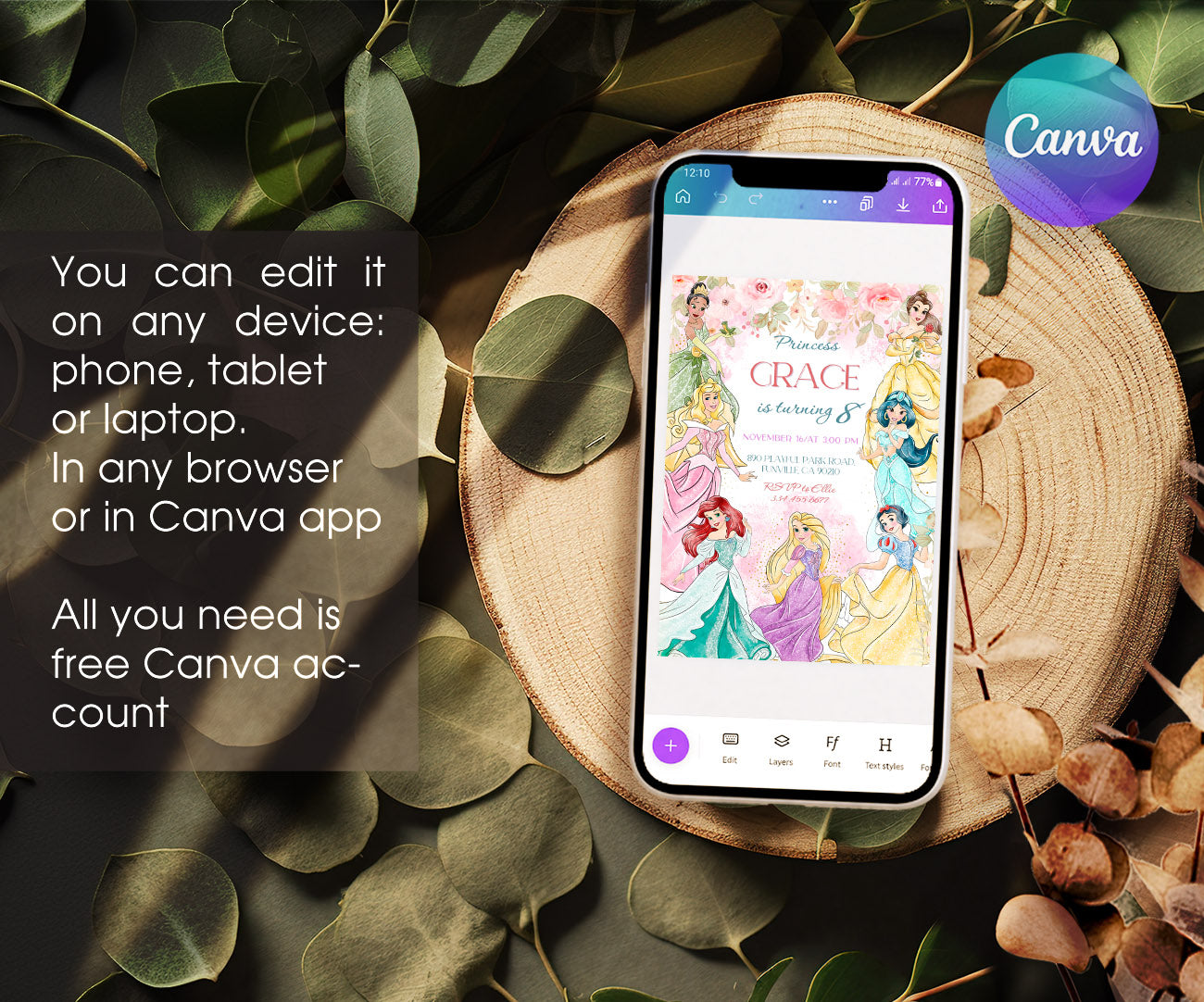 Disney Princess customizable invitation template | Share or Print | girl | PM624