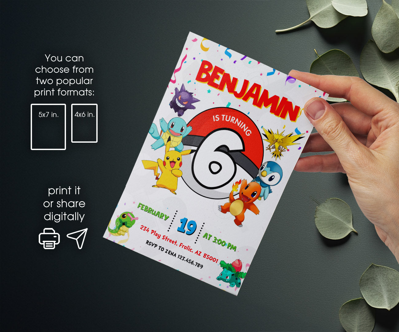 Pokemon Pikachu customizable invitation template | Share or Print | AE738