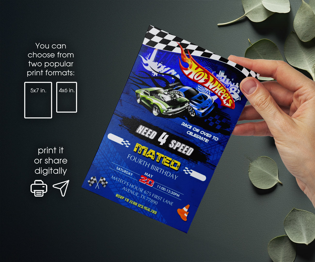 Hot Wheels Need Four Speed customizable invitation template | Share or Print | boy | PO697