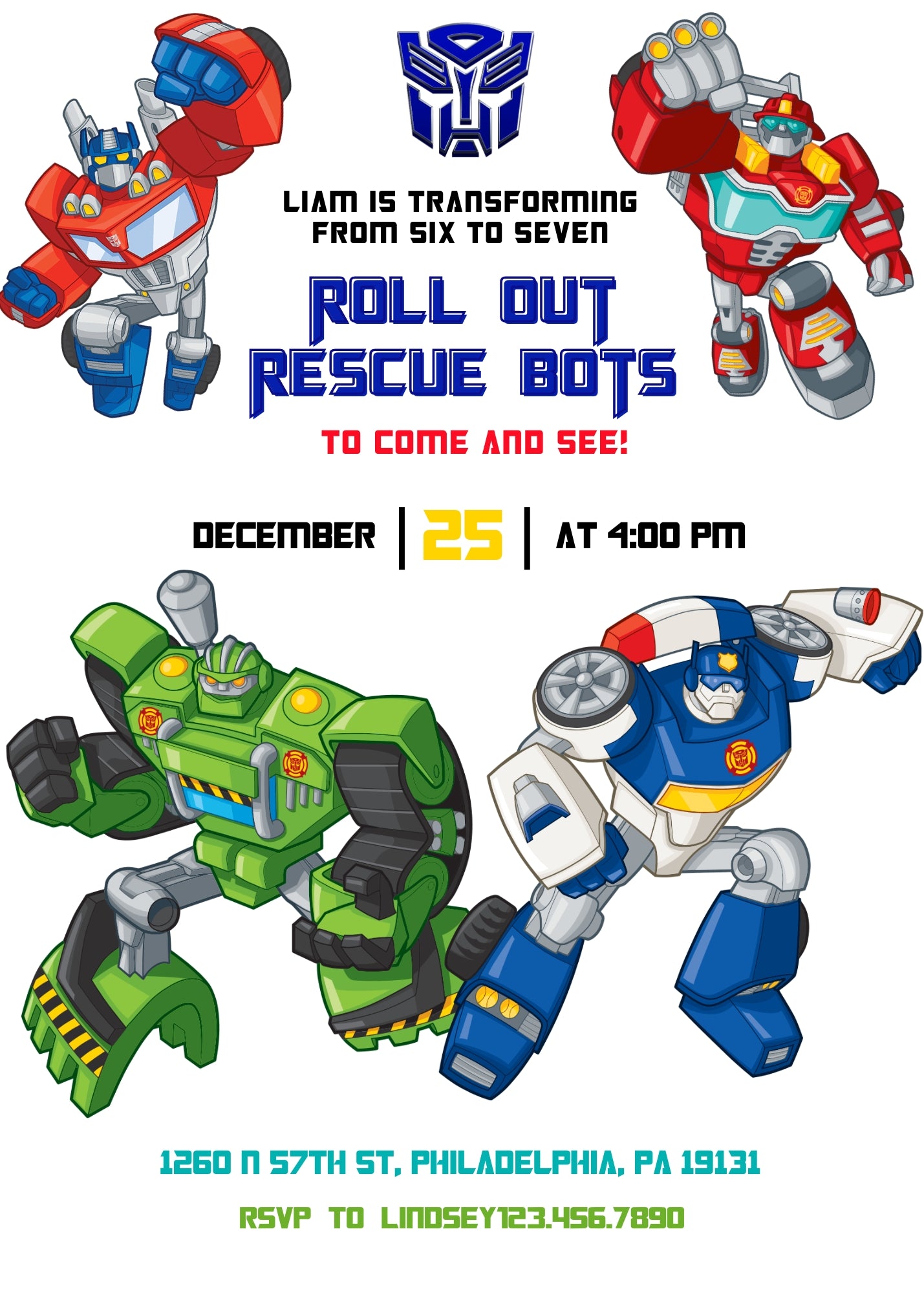 Transformers Rescue Bots customizable invitation template | Share or Print | boy | CX142