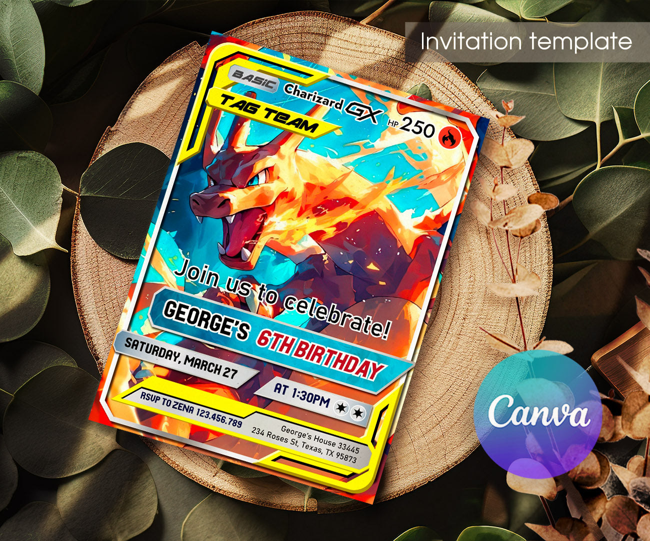 Charizard Pokemon Anime customizable invitation template | Share or Print | MQ775