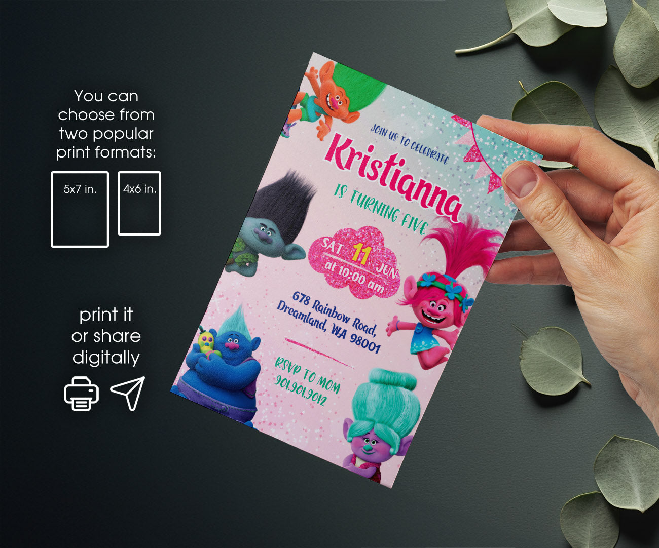 Trolls Poppy customizable invitation template | Share or Print | DS591