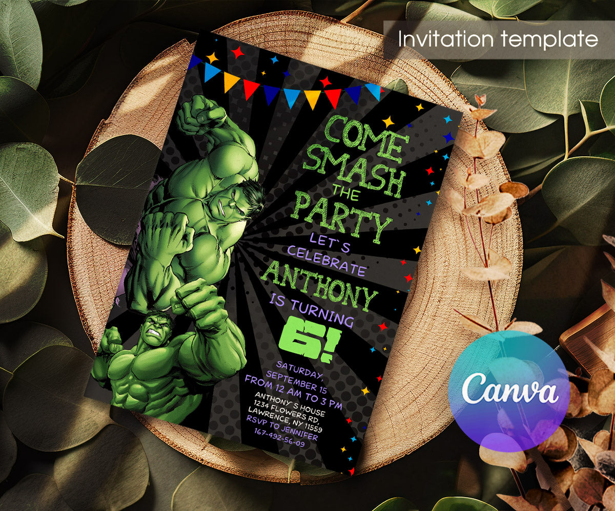 Hulk The Avengers Marvel Superhero customizable invitation template | Share or Print | boy | EM033
