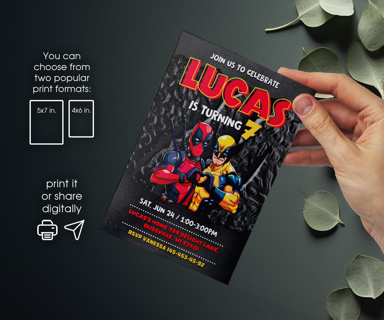Deadpool Wolverine Marvel customizable invitation template | Share or Print | boy | HX444