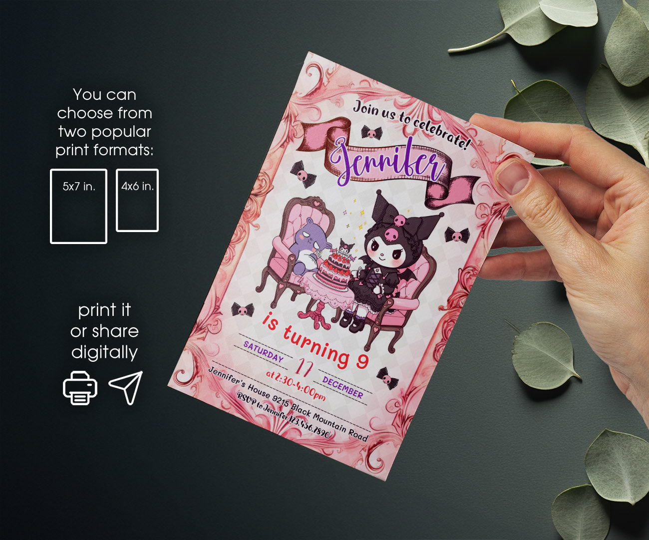 Kuromi Hello Kitty Sanrio customizable invitation template | Share or Print | YX400