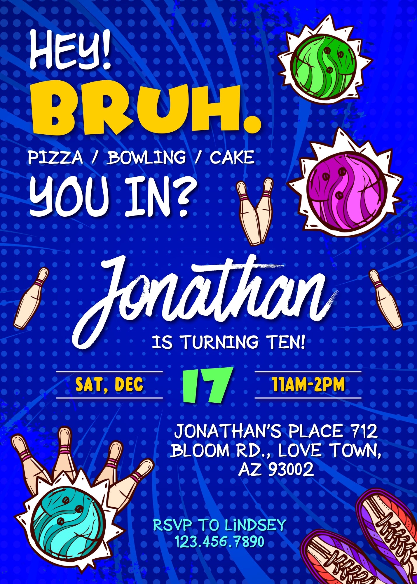 Bruh Bowling customizable invitation template | Share or Print | boy | UP585