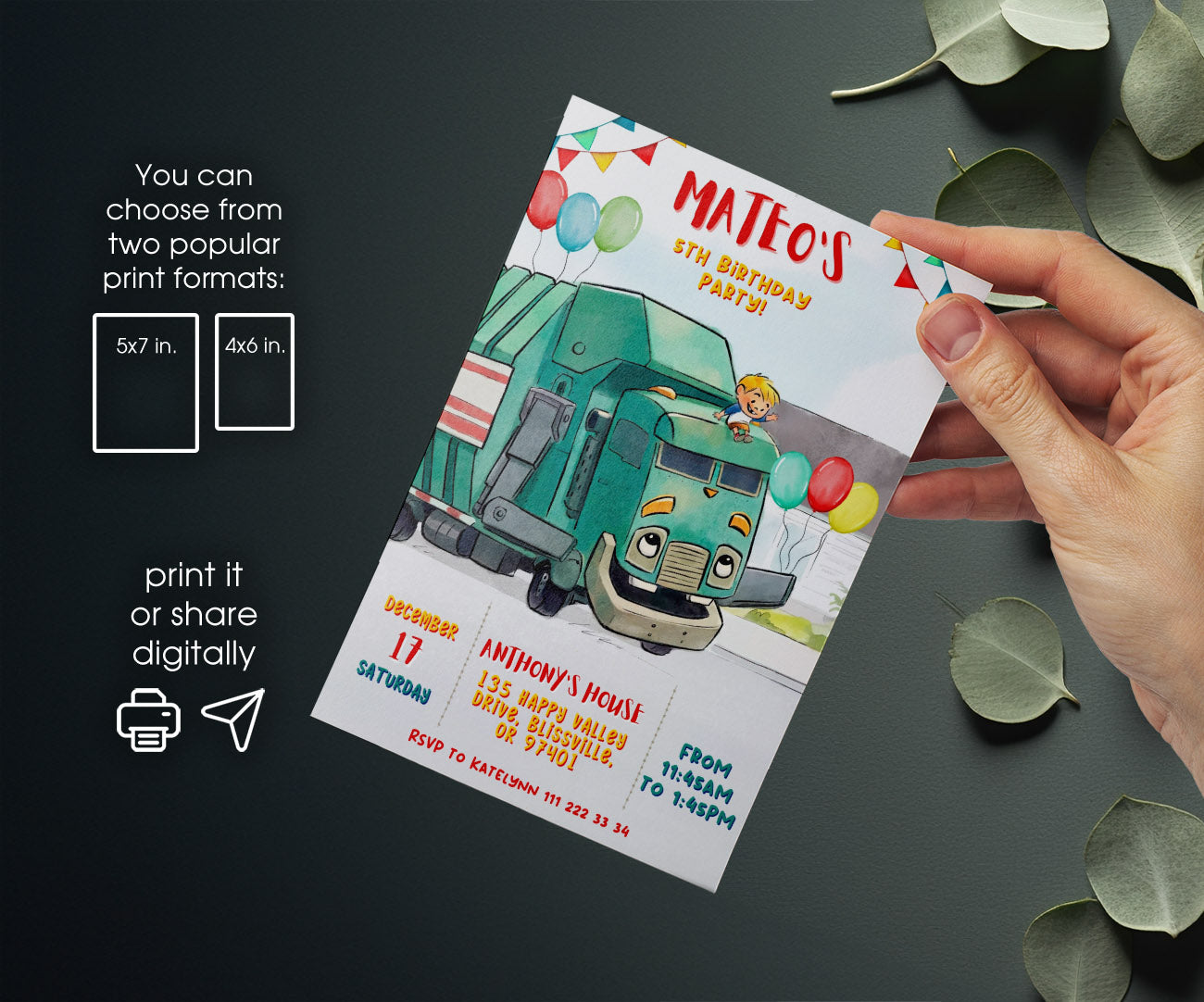 Trash Green Truck customizable invitation template | Share or Print | DF284