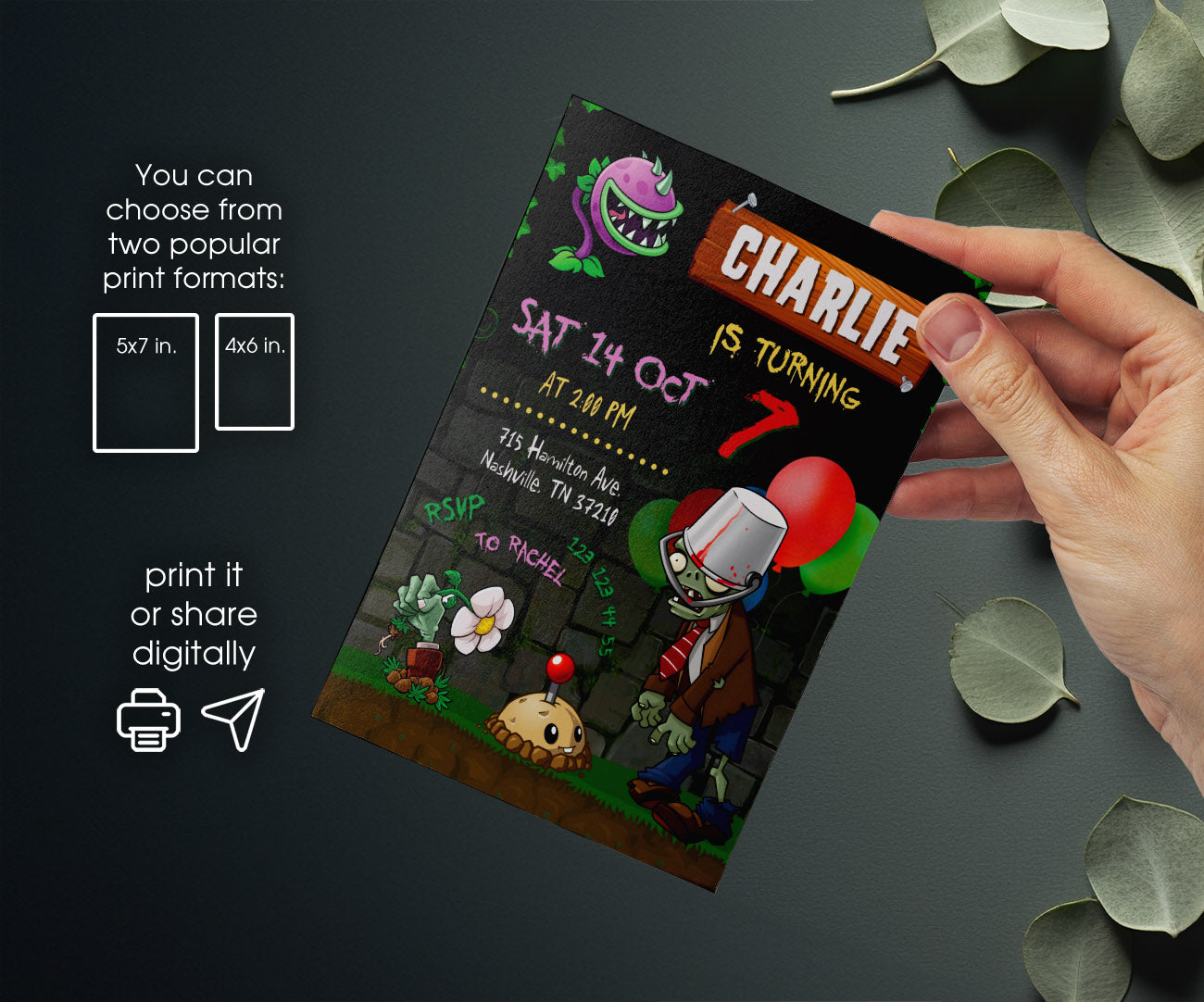 Plants vs Zombies Gamer customizable invitation template | Share or Print | HC314