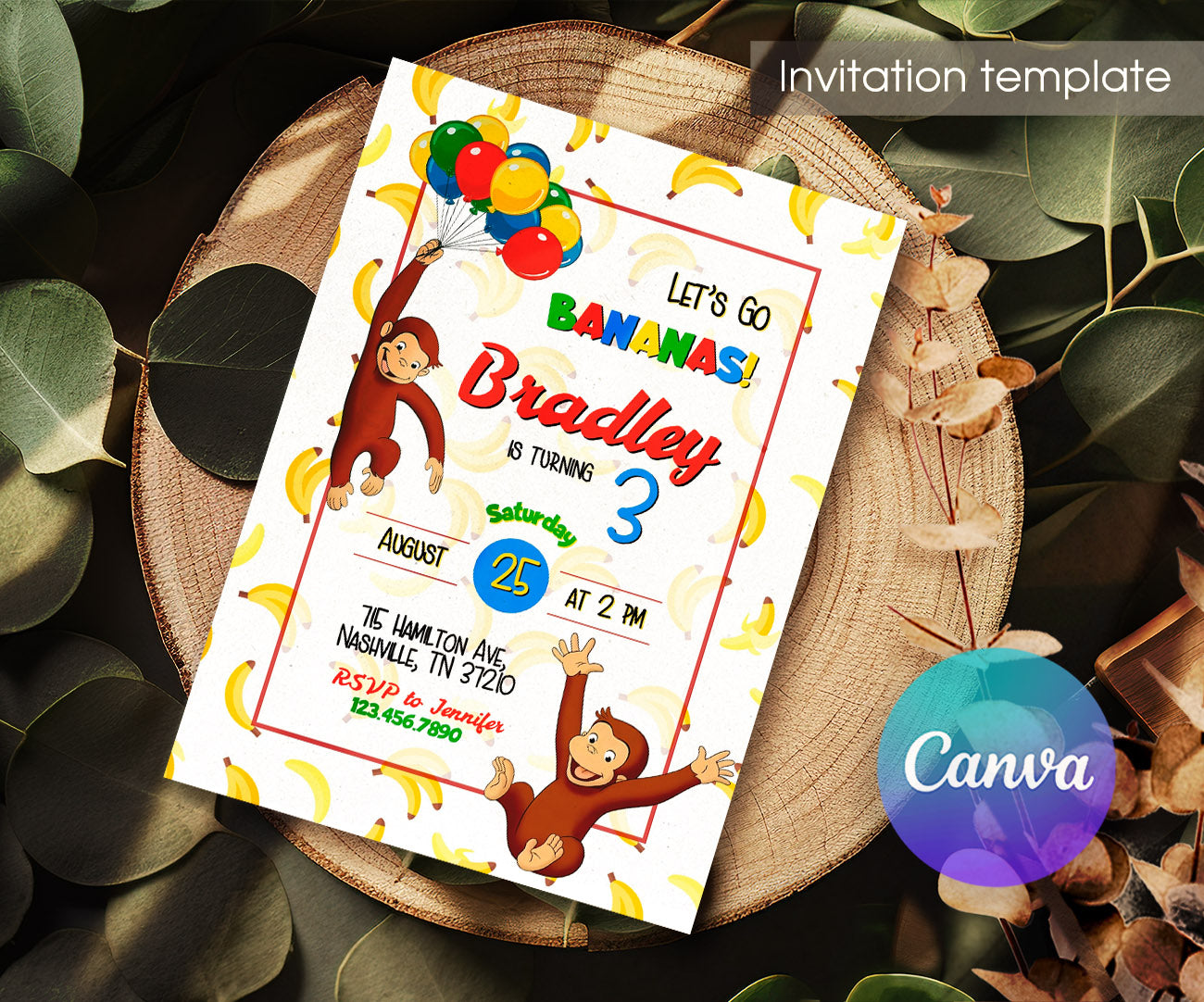 Curious George Monkey customizable invitation template | Share or Print | WT262