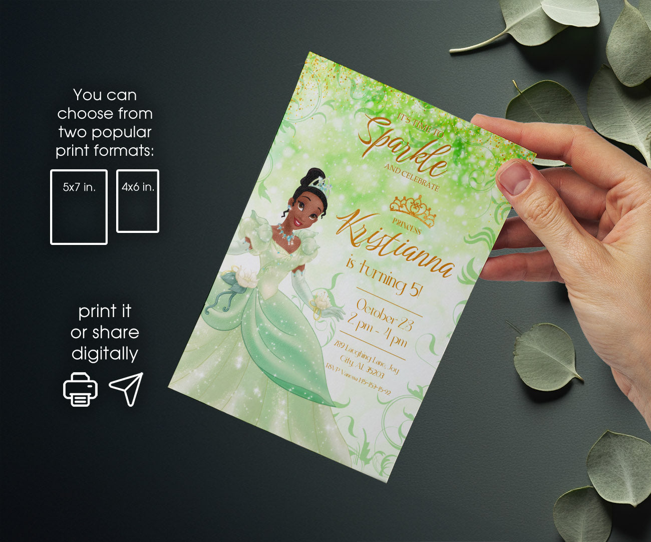 Tiana Frog Princess customizable invitation template | Share or Print | girl | UX654