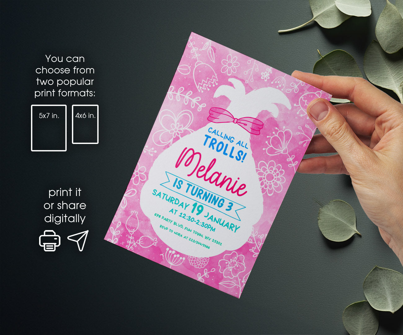 Trolls Poppy customizable invitation template | Share or Print | GN635