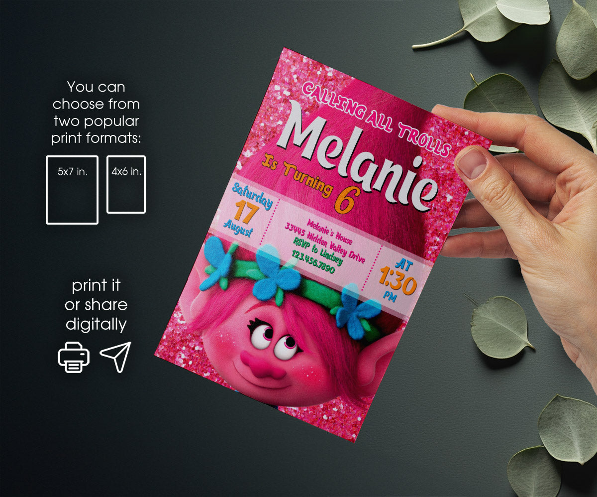 Trolls Poppy customizable invitation template | Share or Print | KJ729