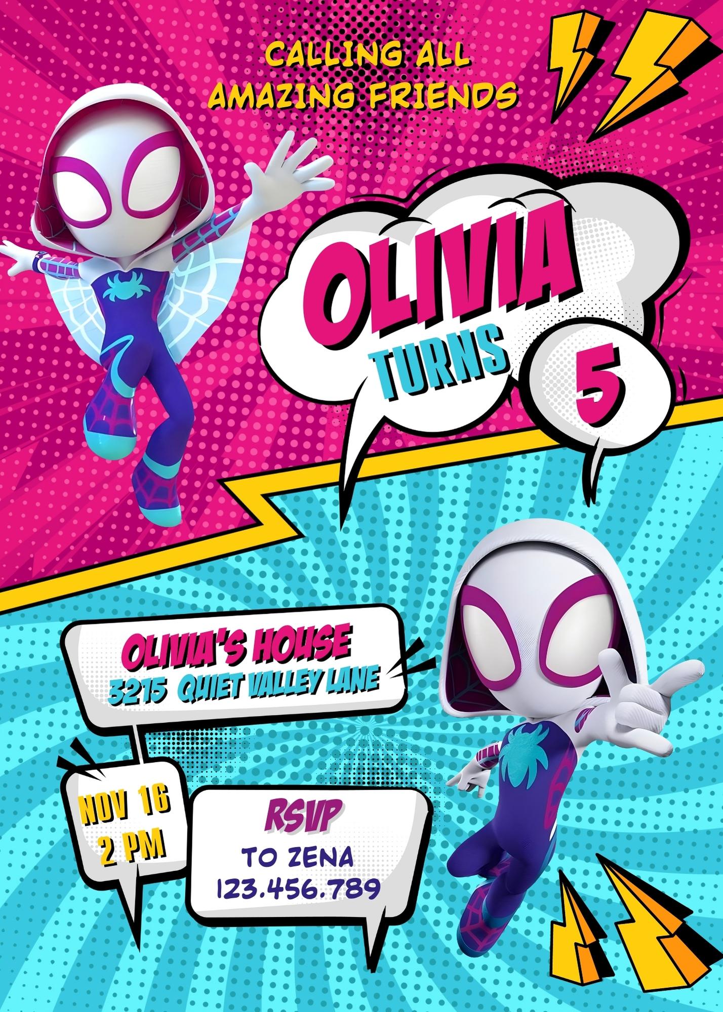 Spider Gwen Ghost Spidey customizable invitation template | Share or Print | girl | UR901