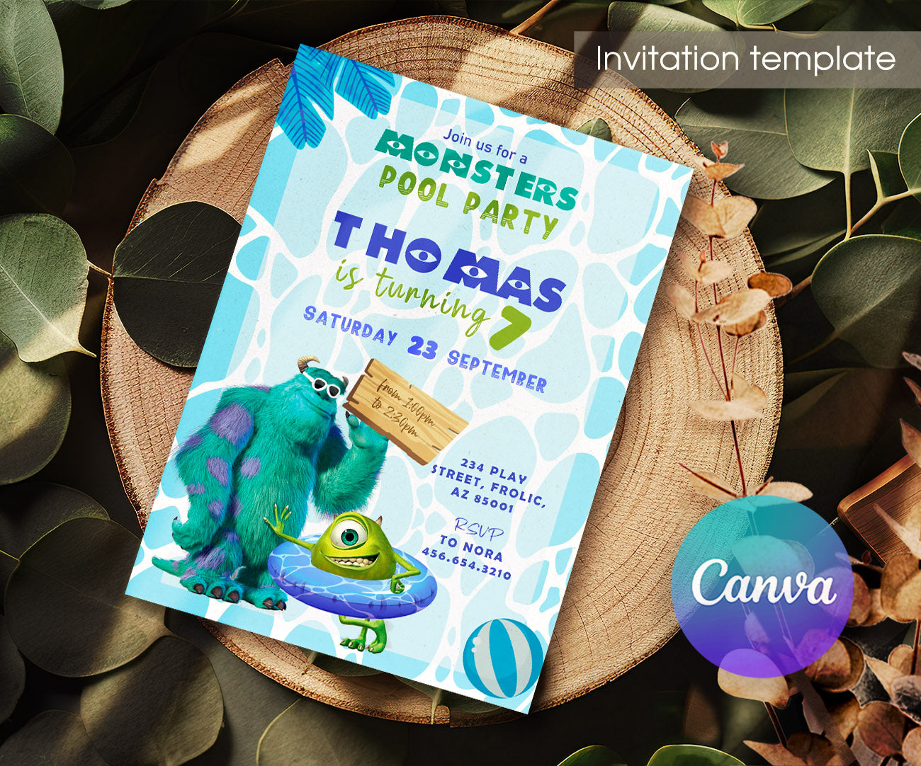Monsters Inc. Pool Party customizable invitation template | Share or Print | LK016