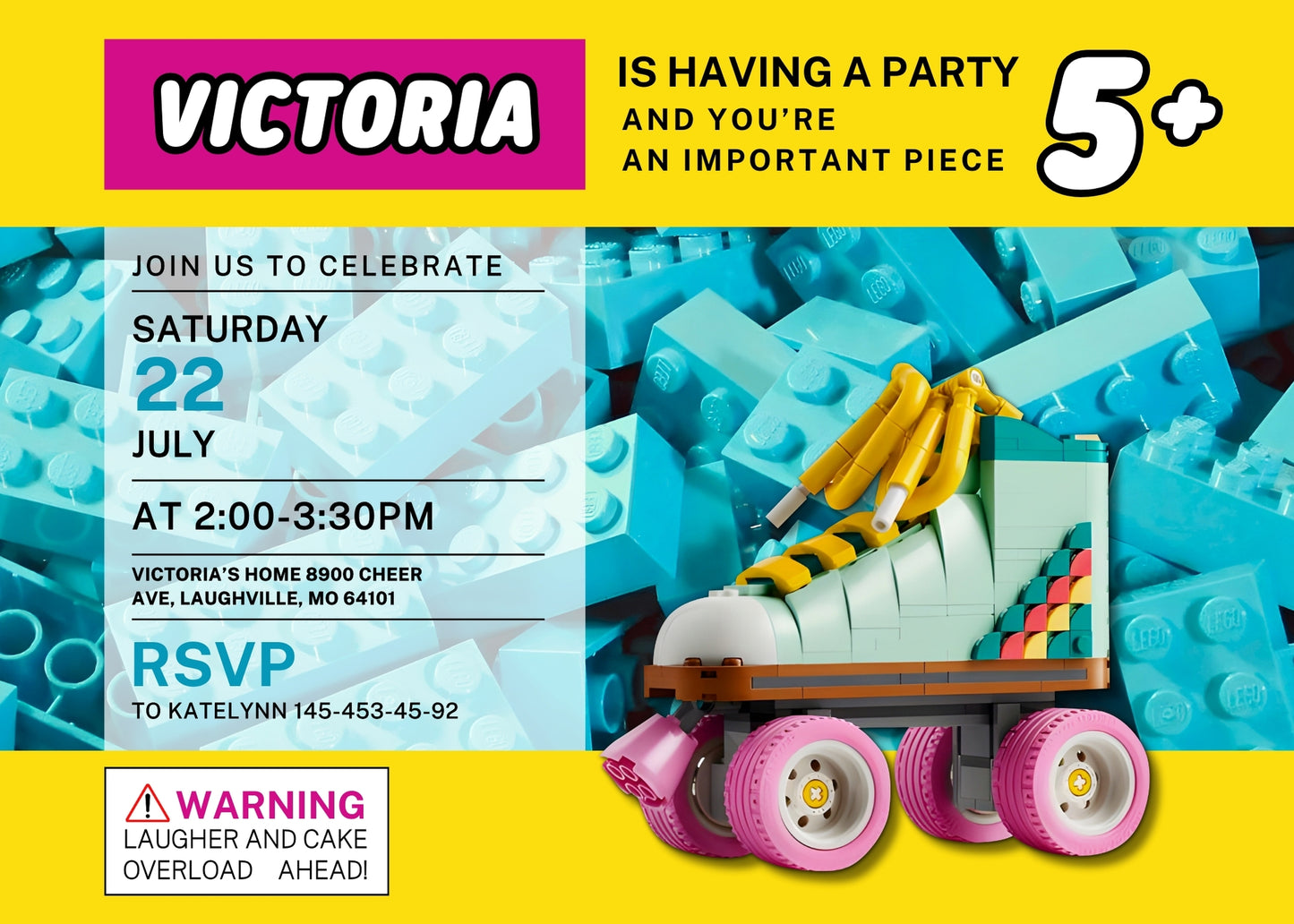 Lego Retro Roller Skate customizable invitation template | Share or Print | girl | MB243
