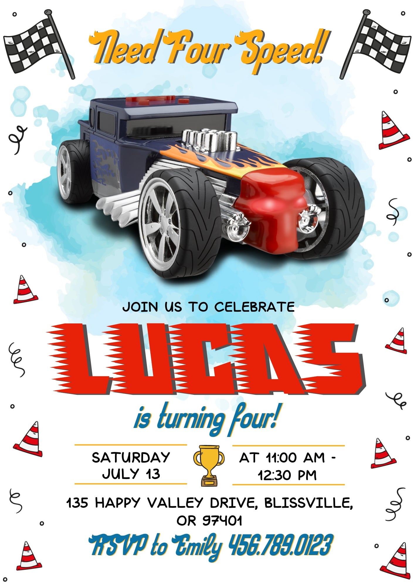 Hot Wheels Need Four Speed customizable invitation template | Share or Print | boy | CA585