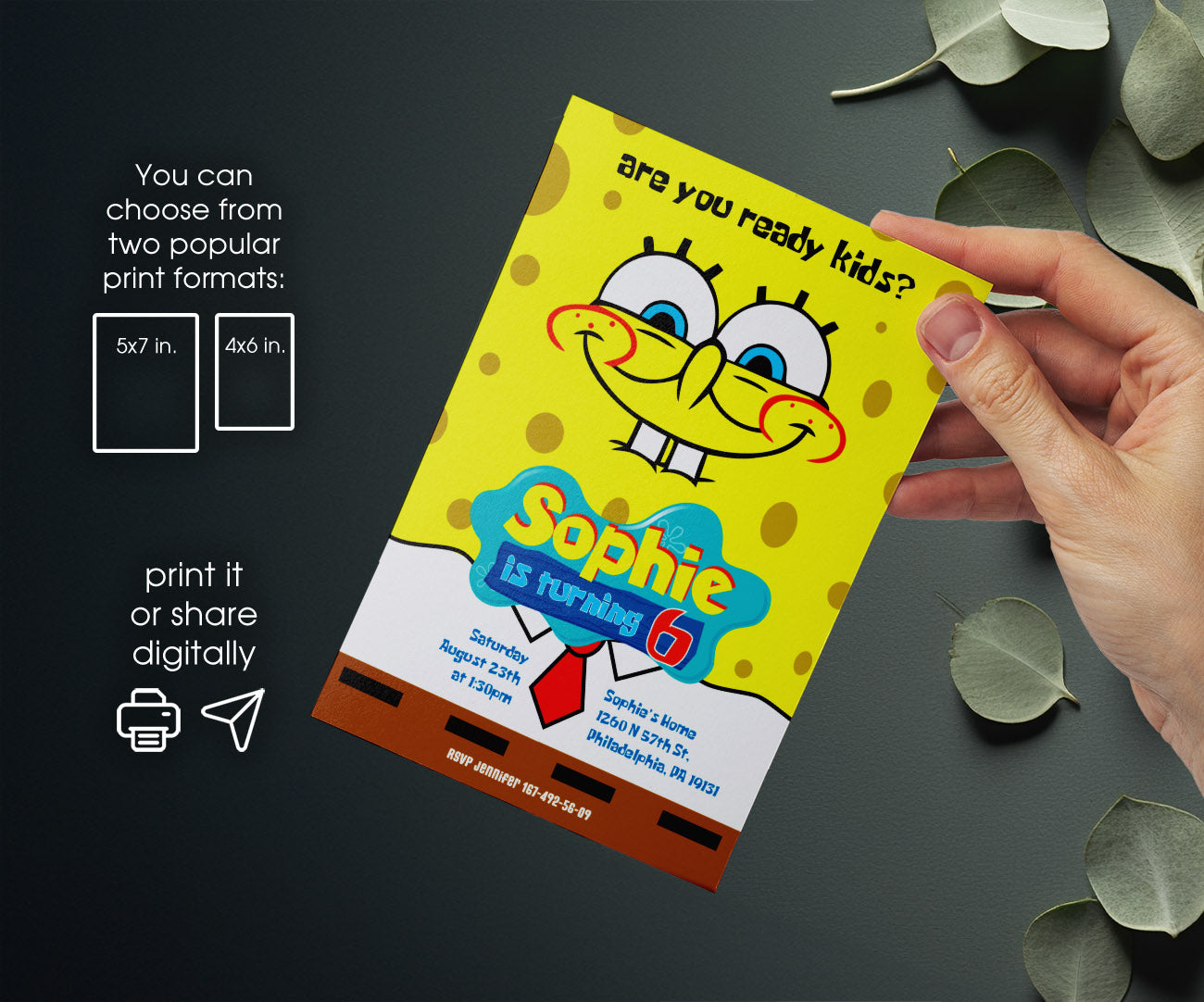 SpongeBob SquarePant customizable invitation template | Share or Print | ZV958