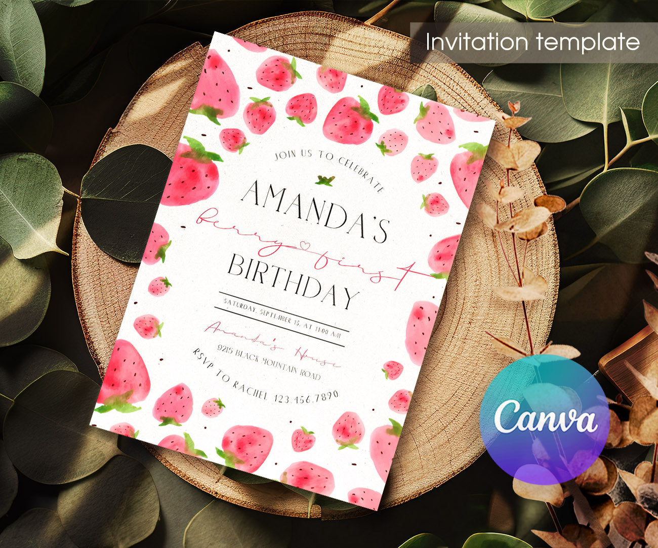 Berry First Birthday customizable invitation template | Share or Print | girl | EU902