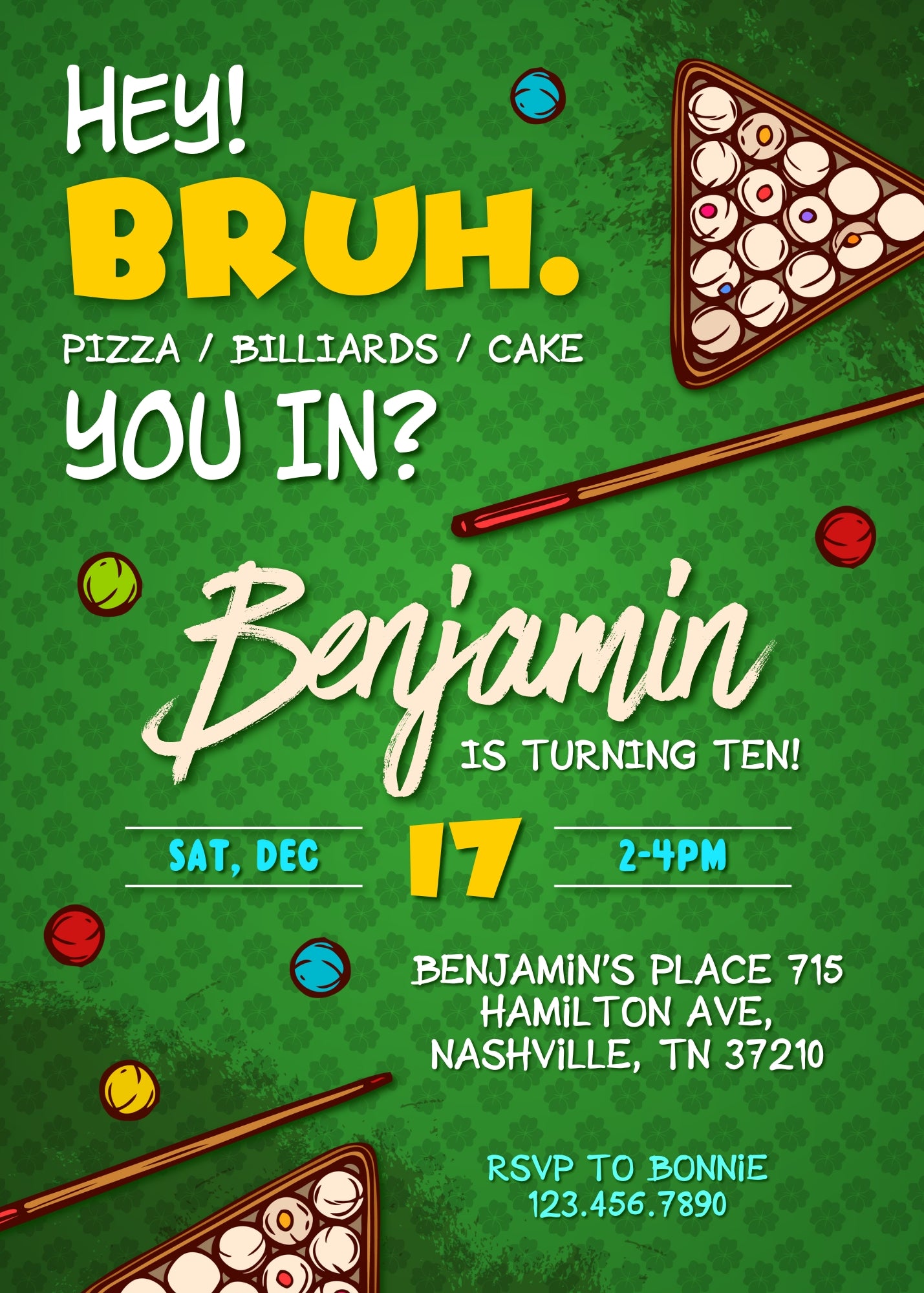 Bruh Billiard customizable invitation template | Share or Print | boy | UP811