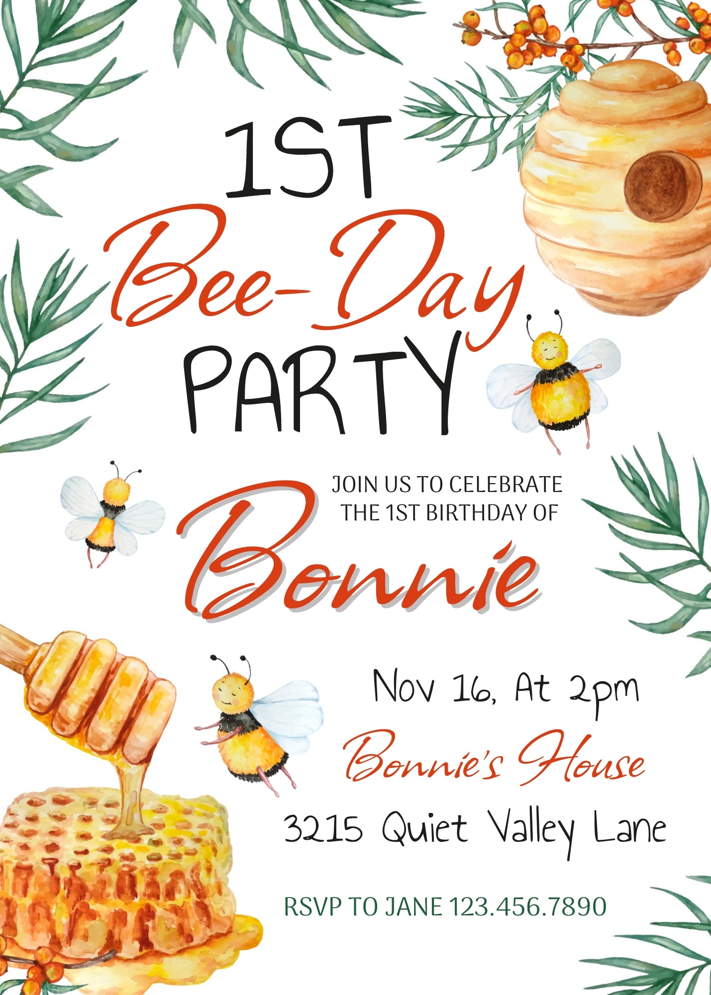 1st Bee Day Party customizable invitation template | Share or Print | XJ992