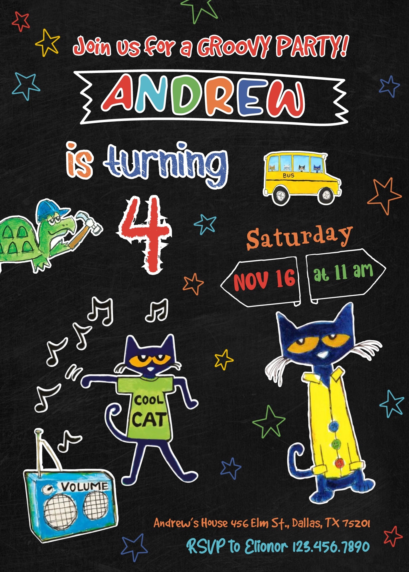 Pete the Cat customizable invitation template | Share or Print | QE327