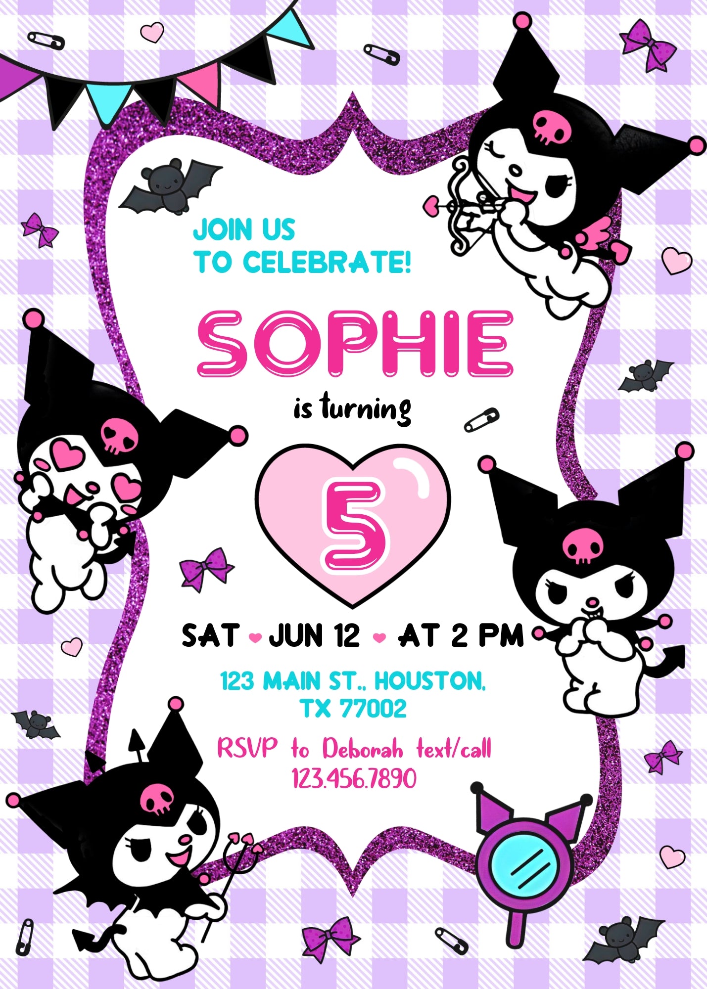 Kuromi Hello Kitty Sanrio customizable invitation template | Share or Print | AG209