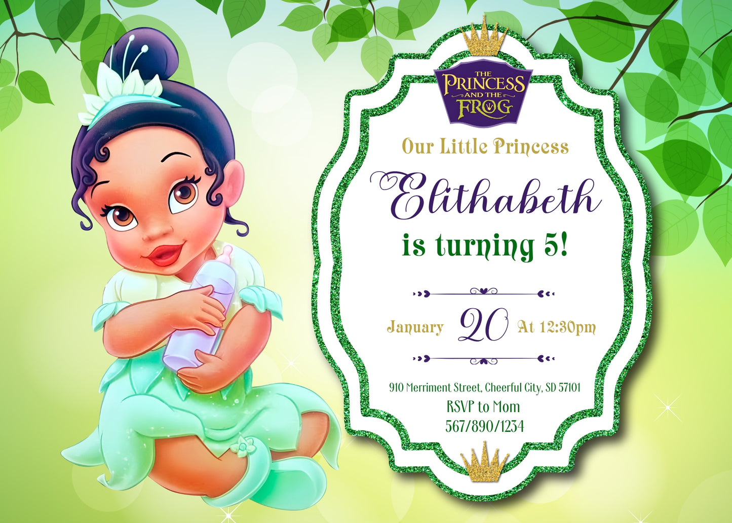 Tiana Frog Princess customizable invitation template | Share or Print | girl | UX804
