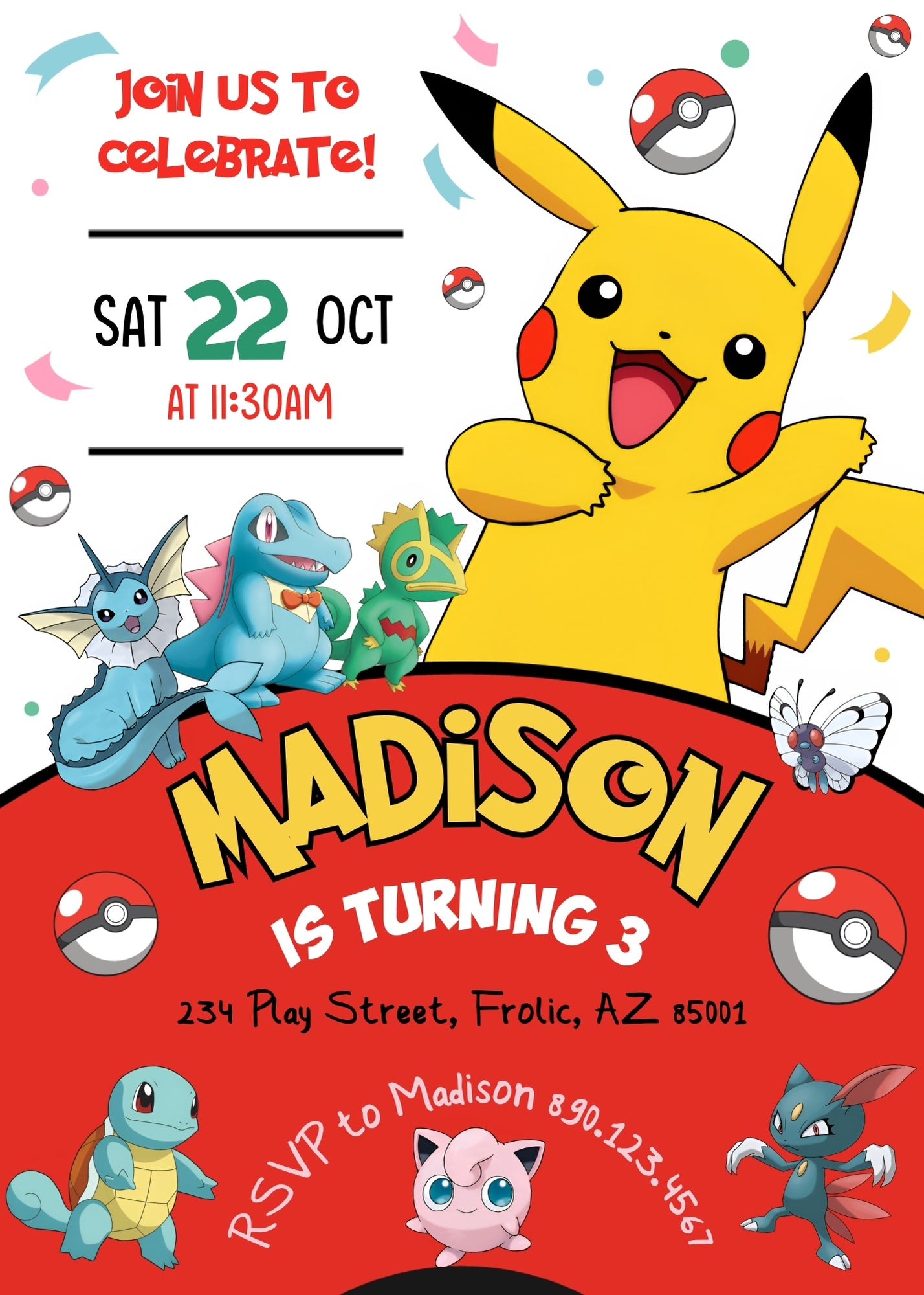 Pokemon Pikachu customizable invitation template | Share or Print | KT223