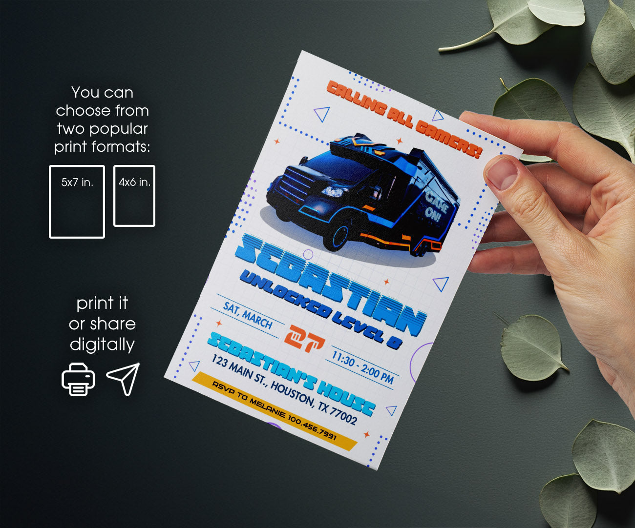 Video Game Bus Gamer customizable invitation template | Share or Print | boy | IJ347