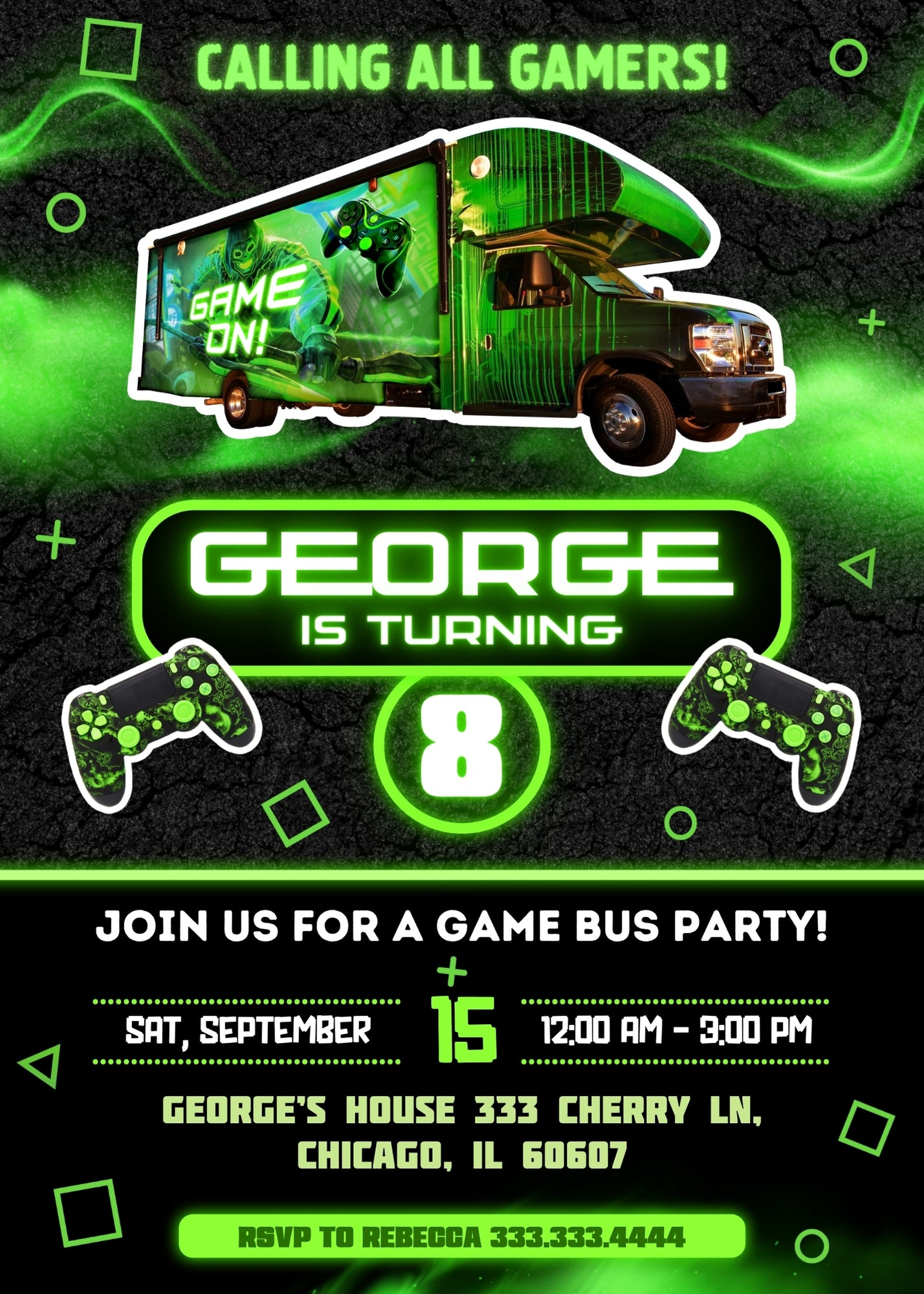 Video Game Bus Gamer customizable invitation template | Share or Print | boy | NM584
