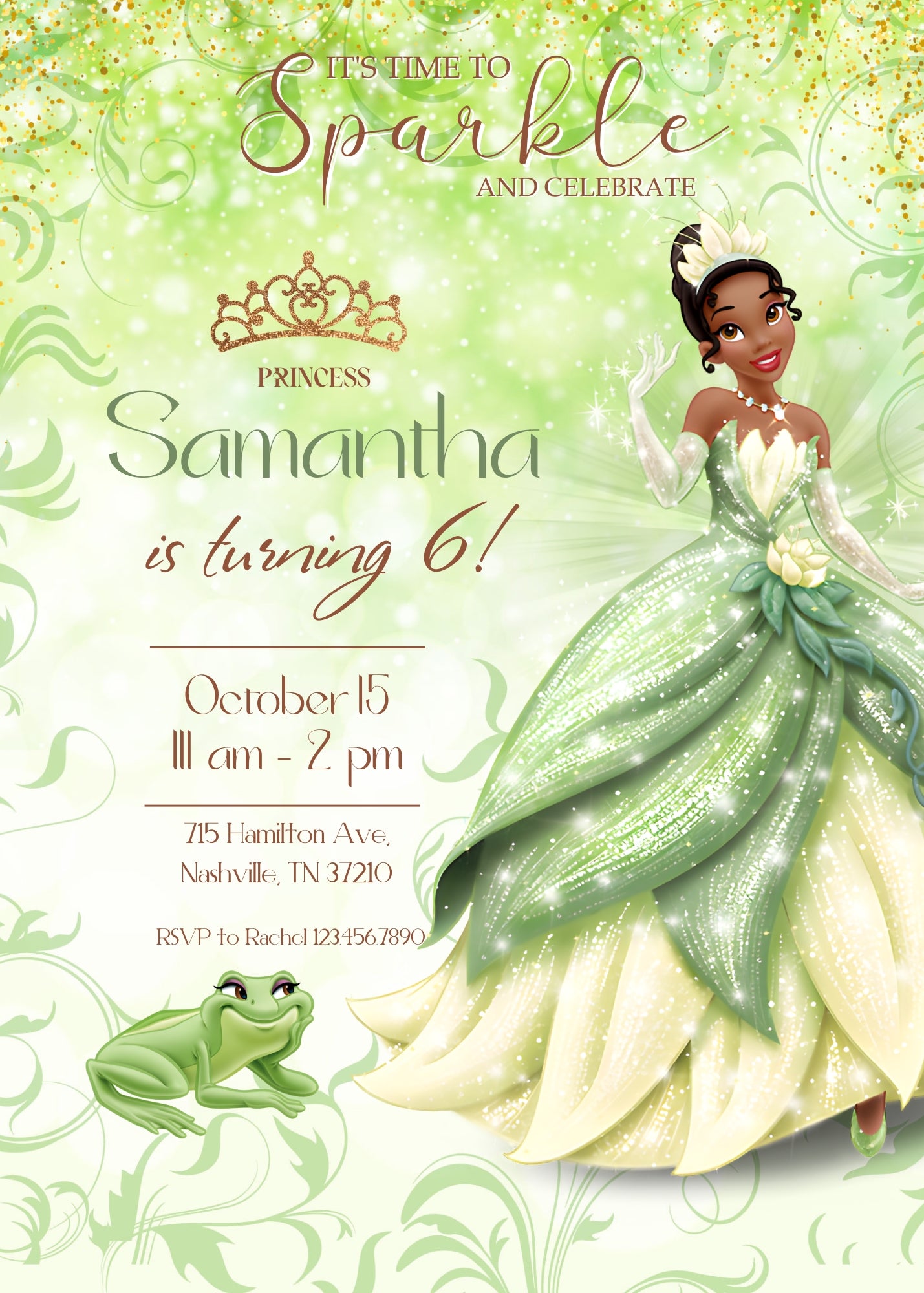 Tiana Frog Princess customizable invitation template | Share or Print | girl | LV776